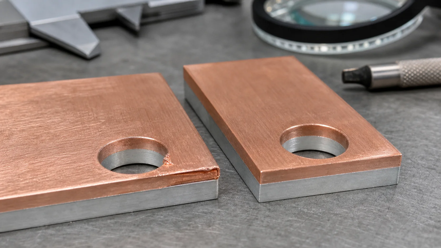 Copper-aluminum composite busbar punching burrs and edge delamination: hole quality, plating damage and contact resistance