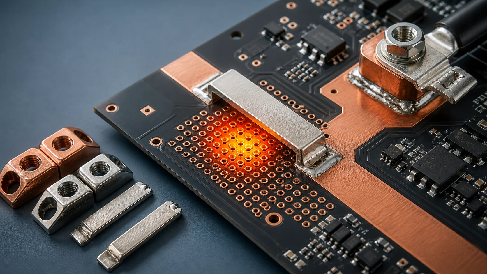 Why high-current PCB via arrays overheat: pad exits, copper bottlenecks, and SMD copper bar reinforcement