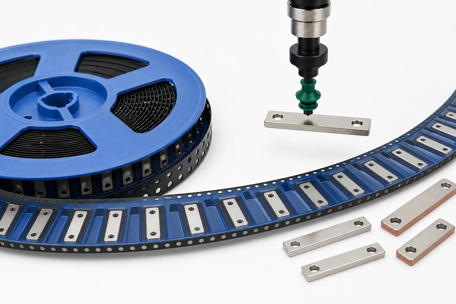 Tape-and-reel packaging for SMD copper busbars: nozzle pickup and SMT placement